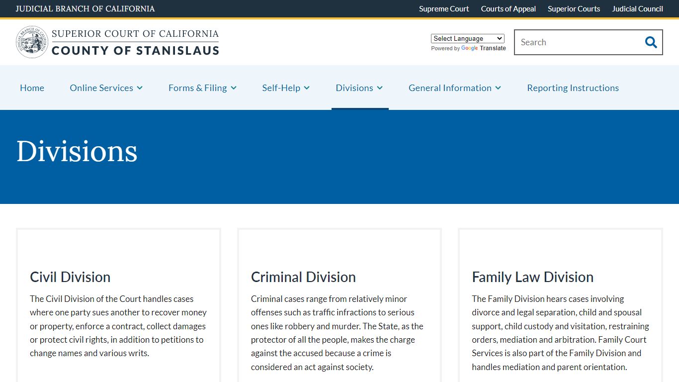 Divisions | Superior Court of California | County of Stanislaus